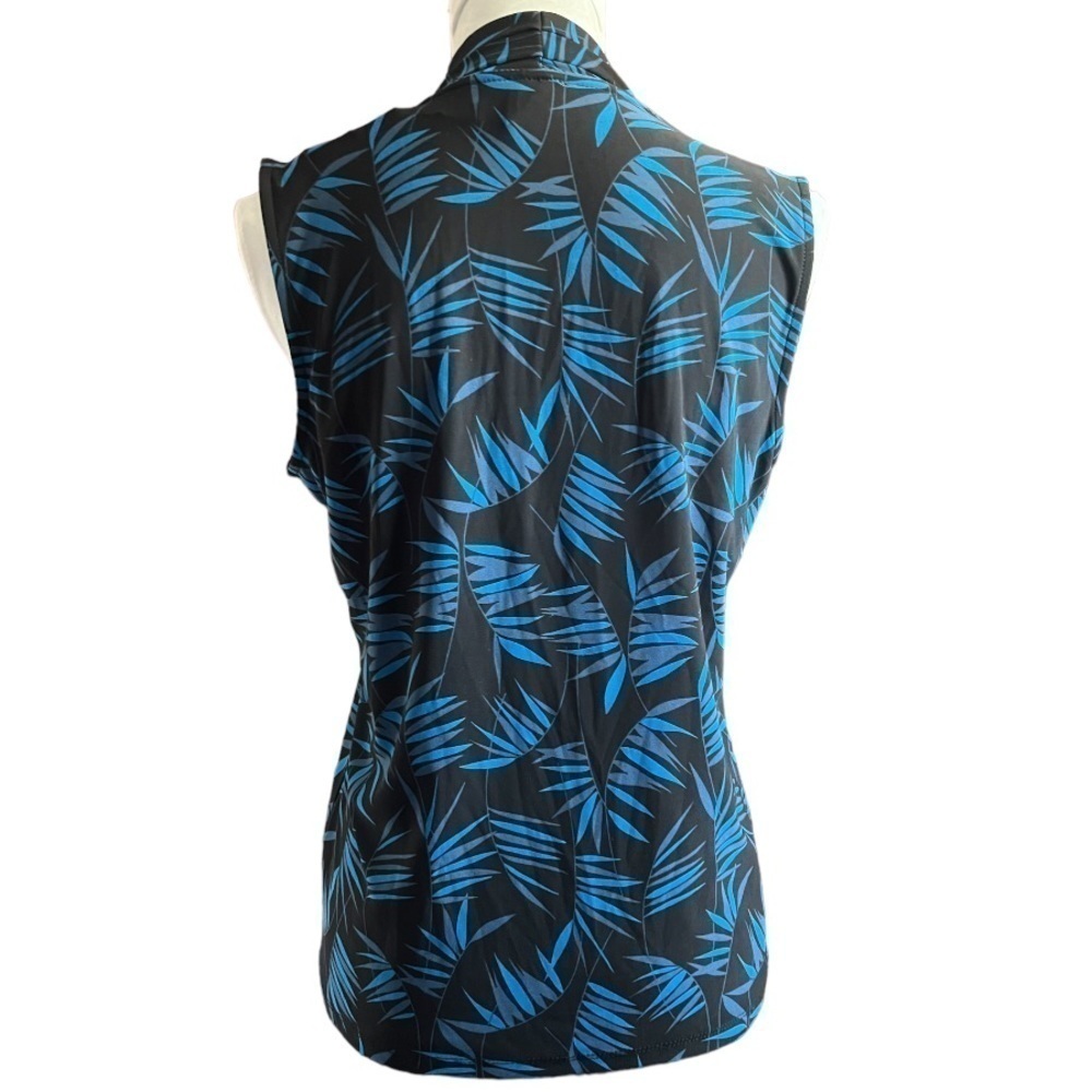 Anne Klein Sleeveless Blouse Black Blue Leaf Print  V-Neck Top | Size Medium - Picture 2 of 6